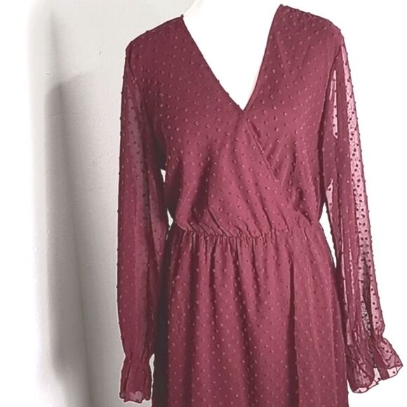 BTFBM Burgundy Dotted Swiss Maxi-Dress with Ruffled Hemline, Size Medium - Picture 2 of 11